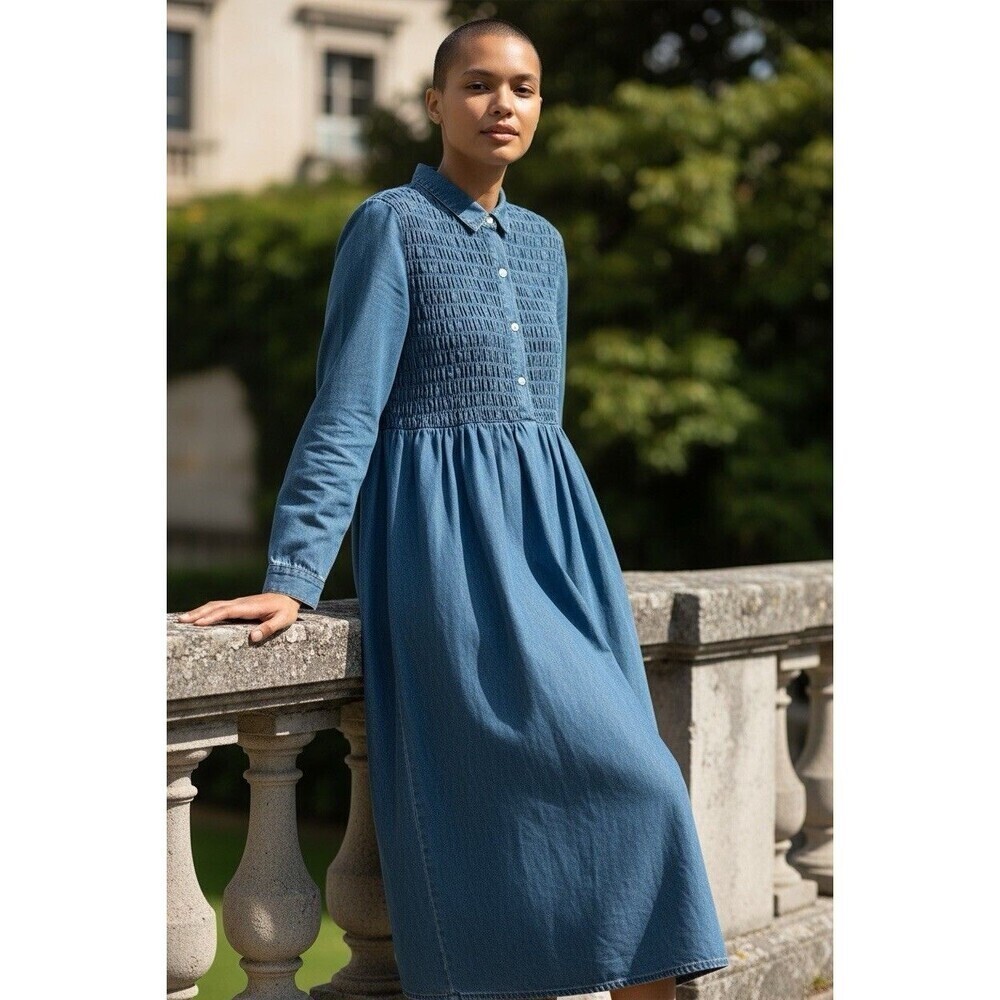 Flora C Vintage 100% Cotton 80’s 90’s Denim Dress Smocked Bodice Made In USA 14 - Picture 2 of 7